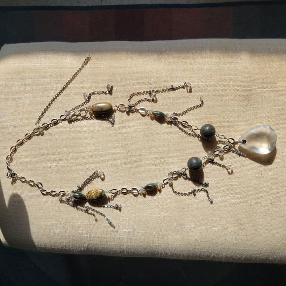 Long Swarovski Statement Necklace Silver Tone with Mixed Stones